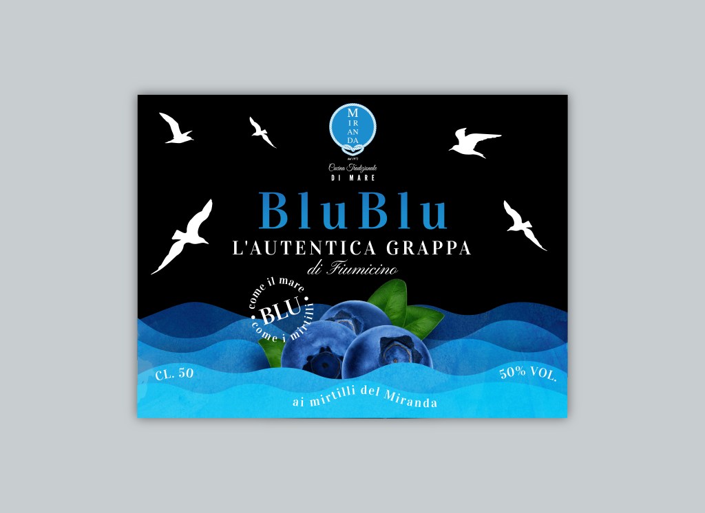 Artfully designed label for Italian restaurant's homemade blueberry grappa